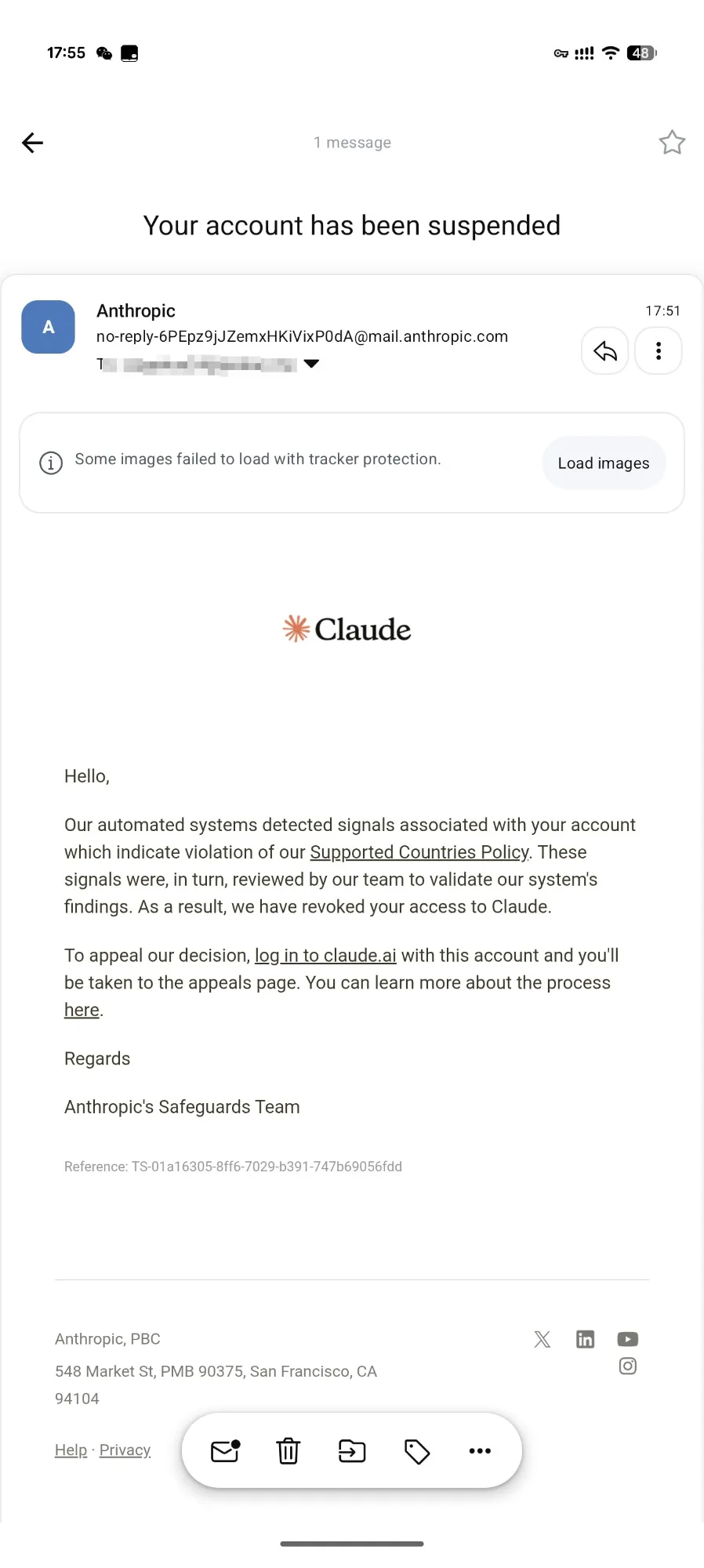 Anthropic通知Claude账号已被封禁的邮件截图
